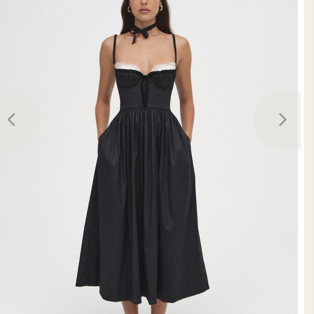 For Love & Lemons Dorris Lace Trim Midi Dress With Velvet Bow Detail & Pockets